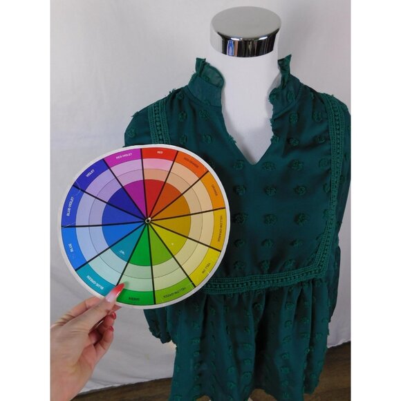 Swiss Dot Blouse Womens Medium Green Sheer Chiffon Ruffle Neck Boho Lace Trim - Picture 9 of 10